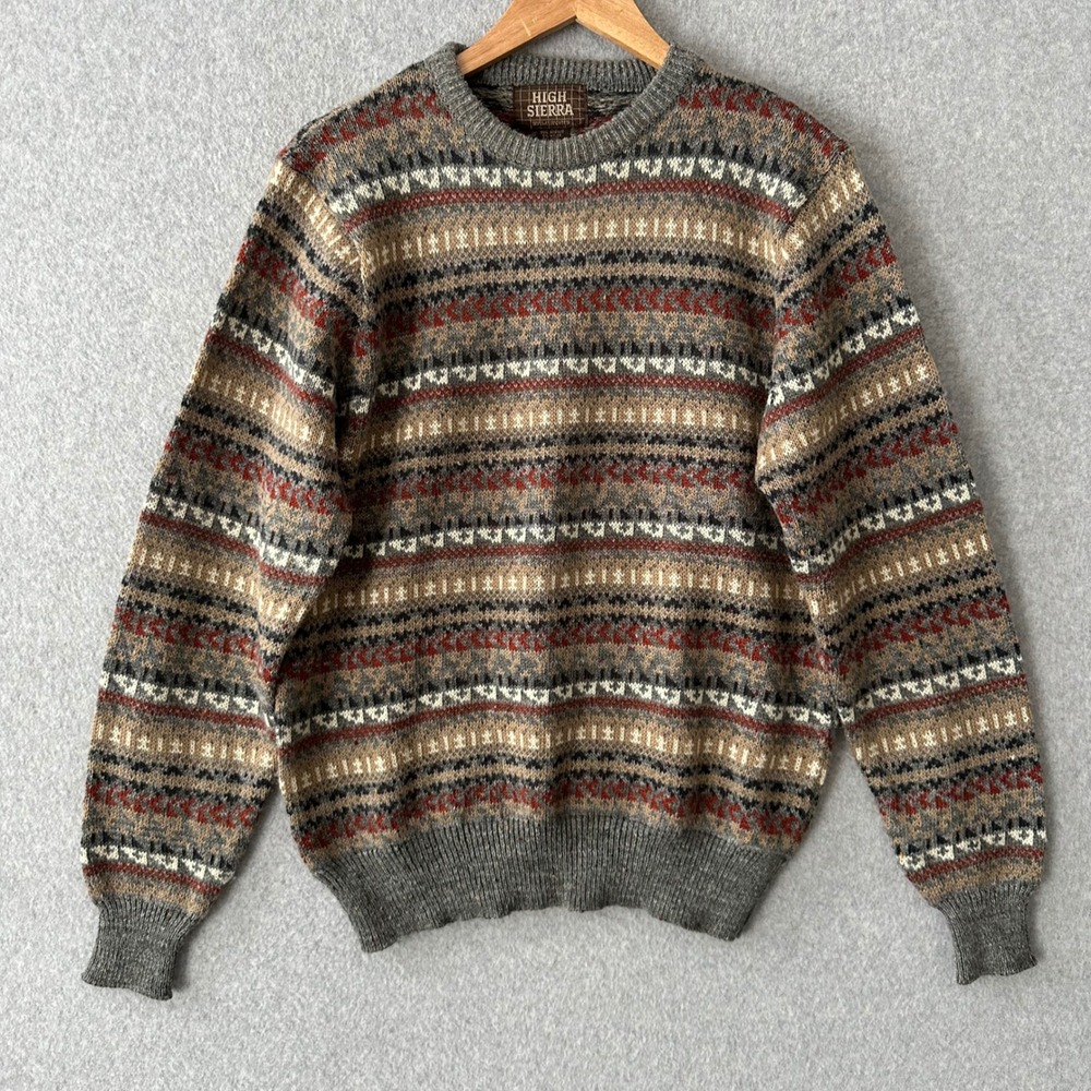 High Sierra Sweater Mens XL Grey Fair Isle Crewneck Knit Pullover Vintage